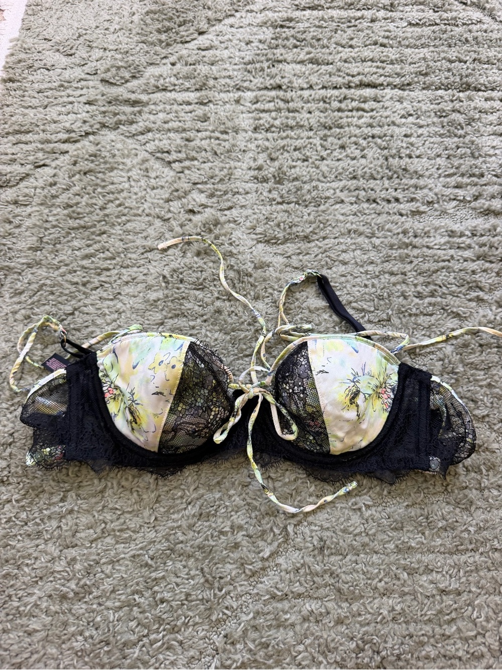 Victoria's Secret Black Lace Push-Up Bra with Yellow Floral Panels